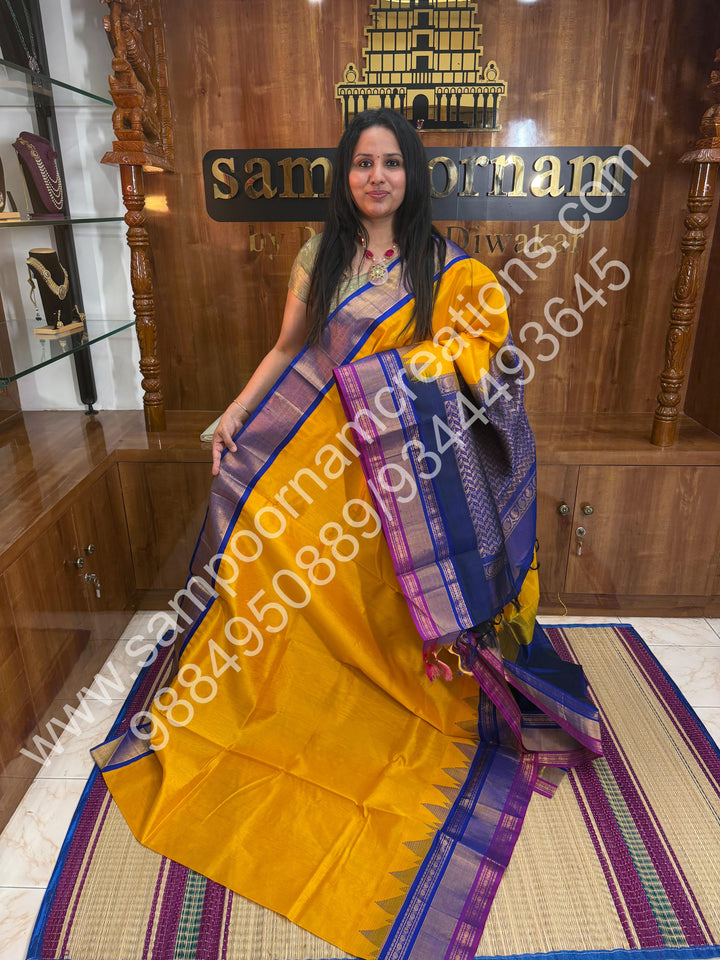 Yellow with Blue, Triple Temple Big Border on one side, Rich Pallu, Pure Korvai Silk Cotton Saree