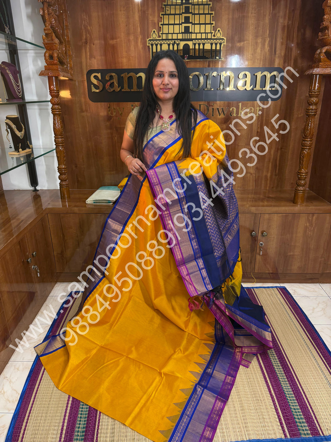 Yellow with Blue, Triple Temple Big Border on one side, Rich Pallu, Pure Korvai Silk Cotton Saree