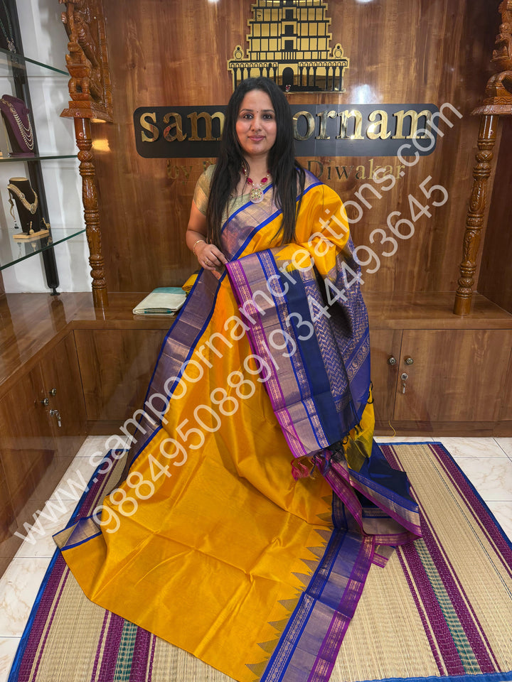 Yellow with Blue, Triple Temple Big Border on one side, Rich Pallu, Pure Korvai Silk Cotton Saree