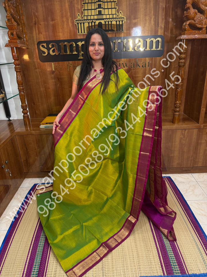 Parrot Green  with Magenta, small  Kanchi Border, Rich Pallu, Pure Korvai Silk Cotton Saree