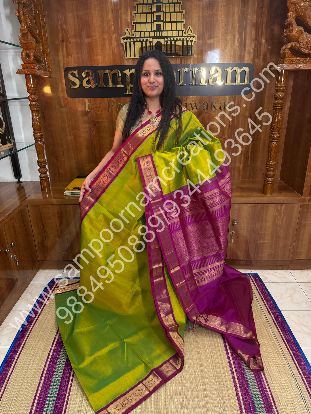 Parrot Green  with Magenta, small  Kanchi Border, Rich Pallu, Pure Korvai Silk Cotton Saree