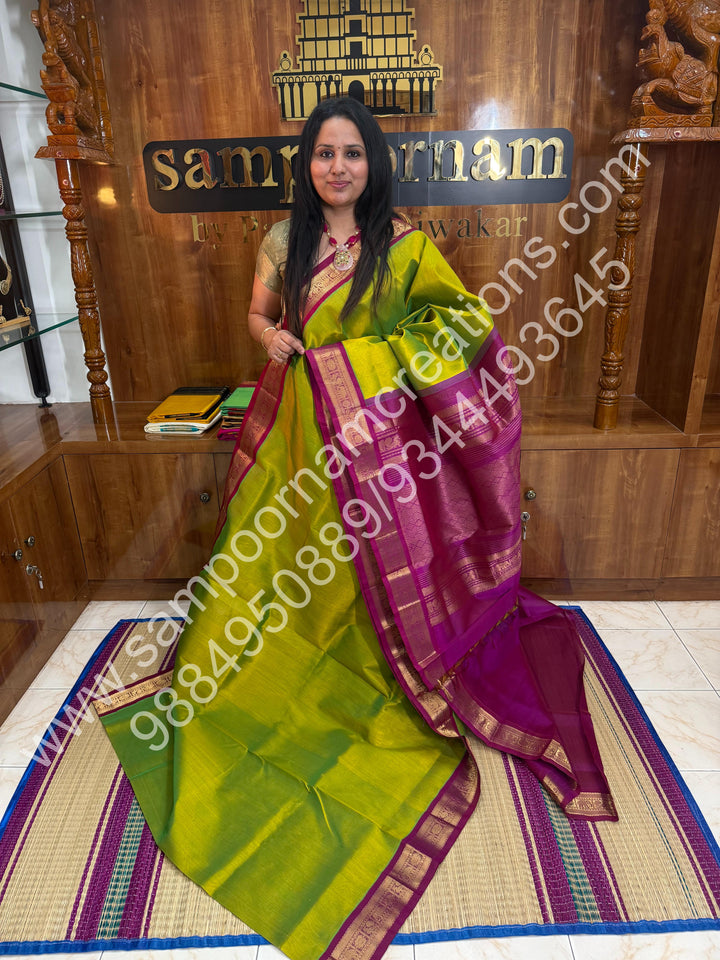 Parrot Green  with Magenta, small  Kanchi Border, Rich Pallu, Pure Korvai Silk Cotton Saree