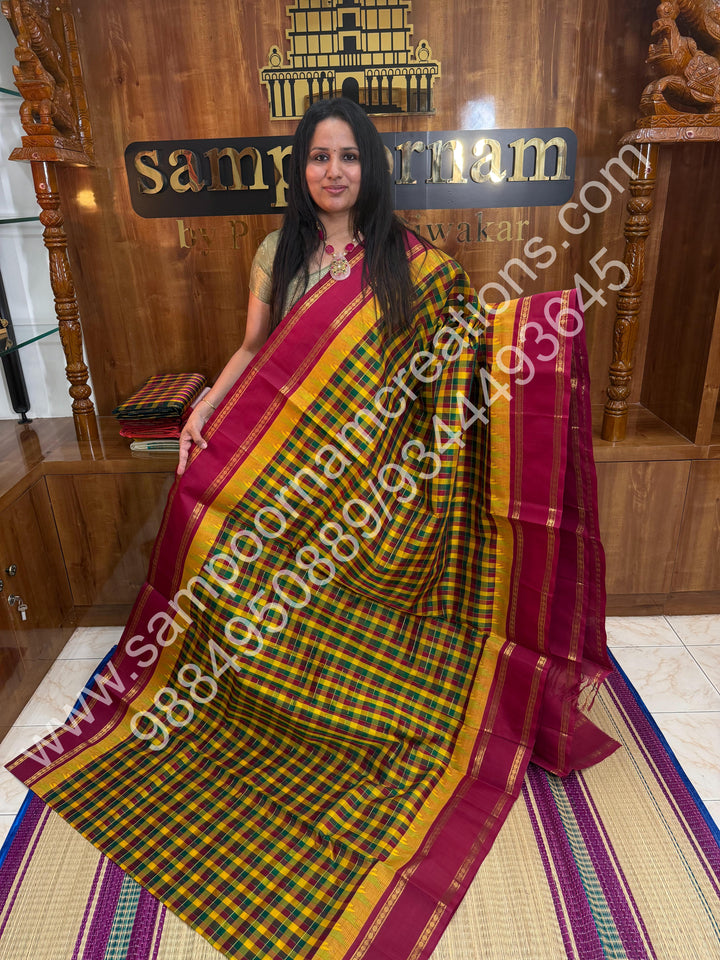 Yellow Green Red ,Pallum Pazham Kattam with Rich Rettapet Kanchi Border and Rich Pallu, Korvai Silk Cotton Saree