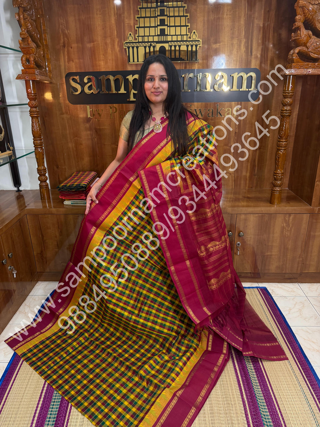 Yellow Green Red ,Pallum Pazham Kattam with Rich Rettapet Kanchi Border and Rich Pallu, Korvai Silk Cotton Saree