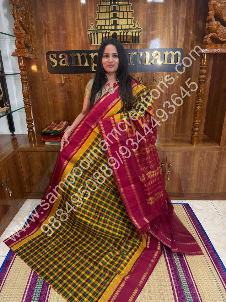 Yellow Green Red ,Pallum Pazham Kattam with Rich Rettapet Kanchi Border and Rich Pallu, Korvai Silk Cotton Saree