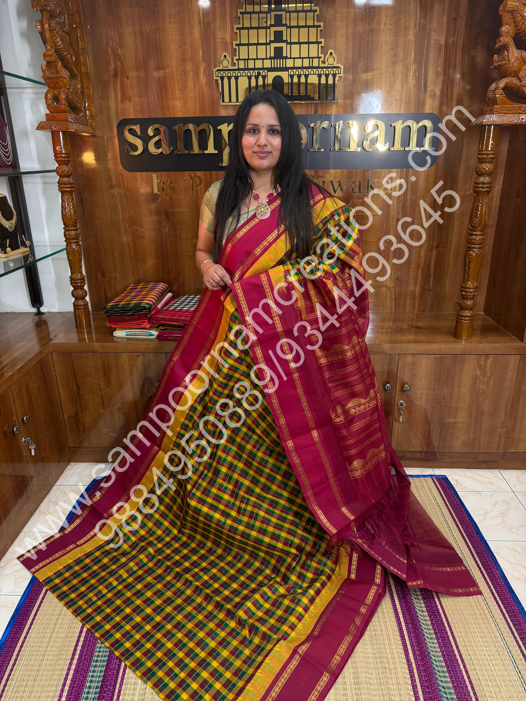 Yellow Green Red ,Pallum Pazham Kattam with Rich Rettapet Kanchi Border and Rich Pallu, Korvai Silk Cotton Saree