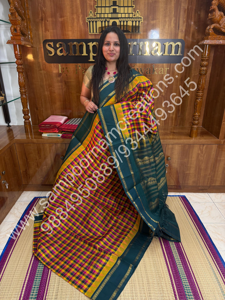 Yellow Green Pink with Green ,Pallum Pazham Kattam with Rich Rettapet Kanchi Border and Rich Pallu, Korvai Silk Cotton Saree