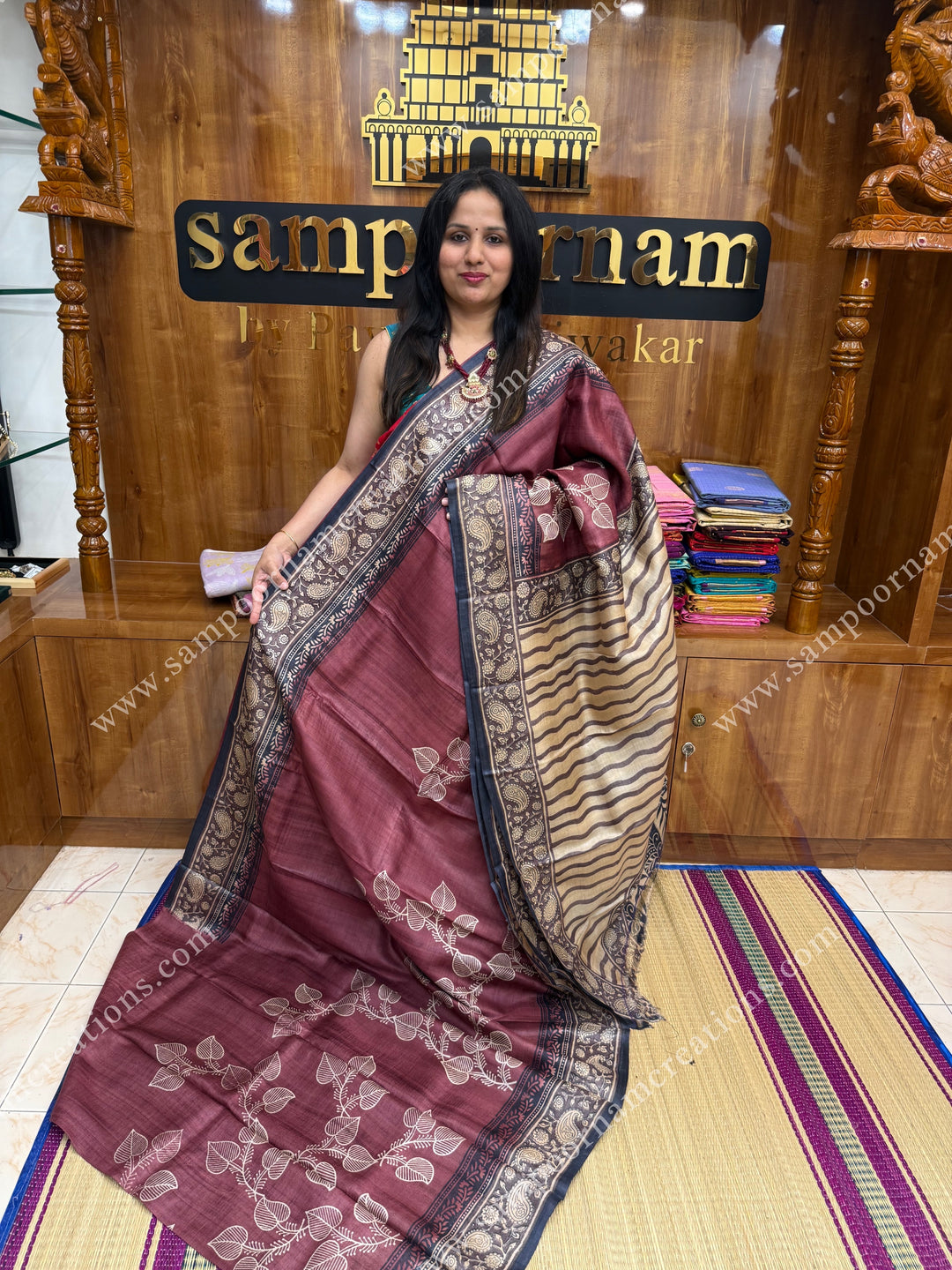 Maroon with Cream saree with Hand Painted leaf designs in the body and Paisley Prints in the border and Pallu ,  Pure Tussar Silk Saree