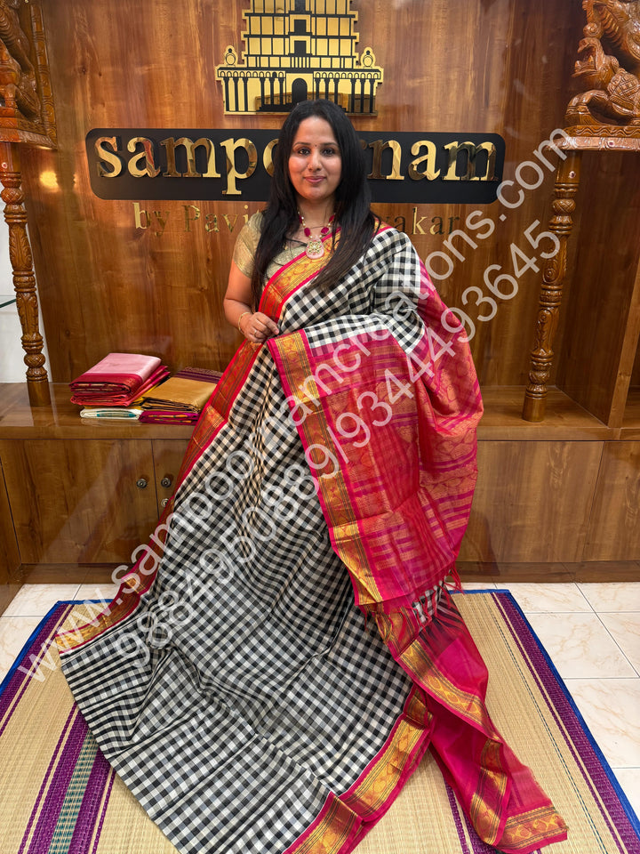 Black , white with Pink, Pallum Pazham Kattam with Rich Kanchi Border and Rich Pallu, Korvai Silk Cotton Saree