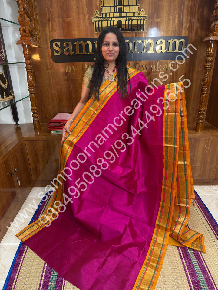 Dark Pink with Mustard, Traditional Kanchi Border, Rich Pallu, Pure Korvai Silk Cotton Saree