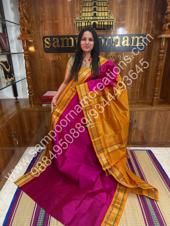 Dark Pink with Mustard, Traditional Kanchi Border, Rich Pallu, Pure Korvai Silk Cotton Saree