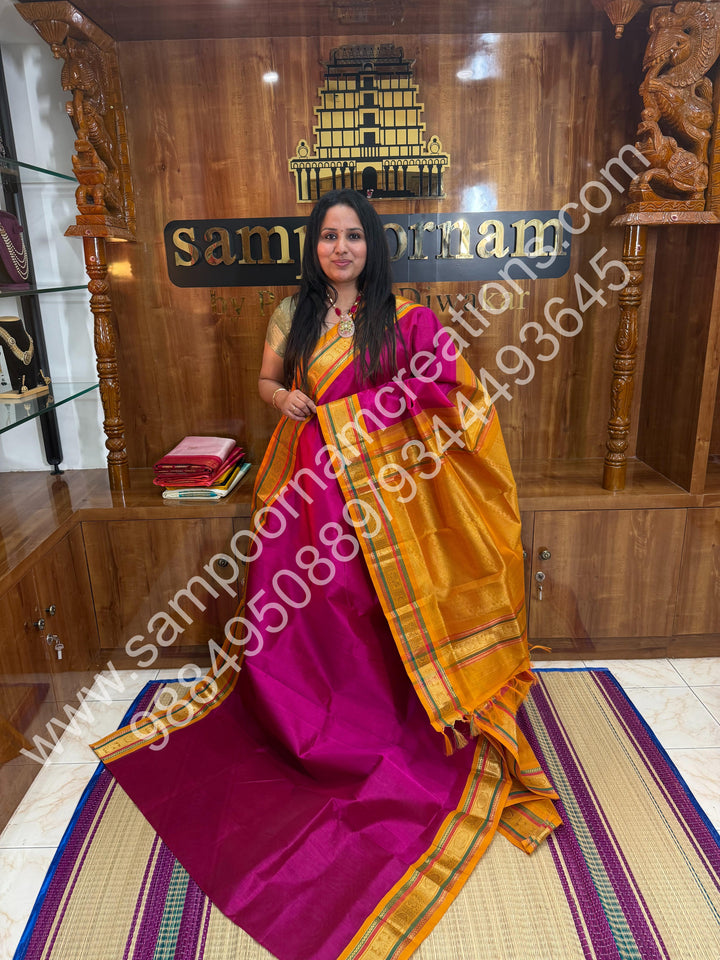 Dark Pink with Mustard, Traditional Kanchi Border, Rich Pallu, Pure Korvai Silk Cotton Saree
