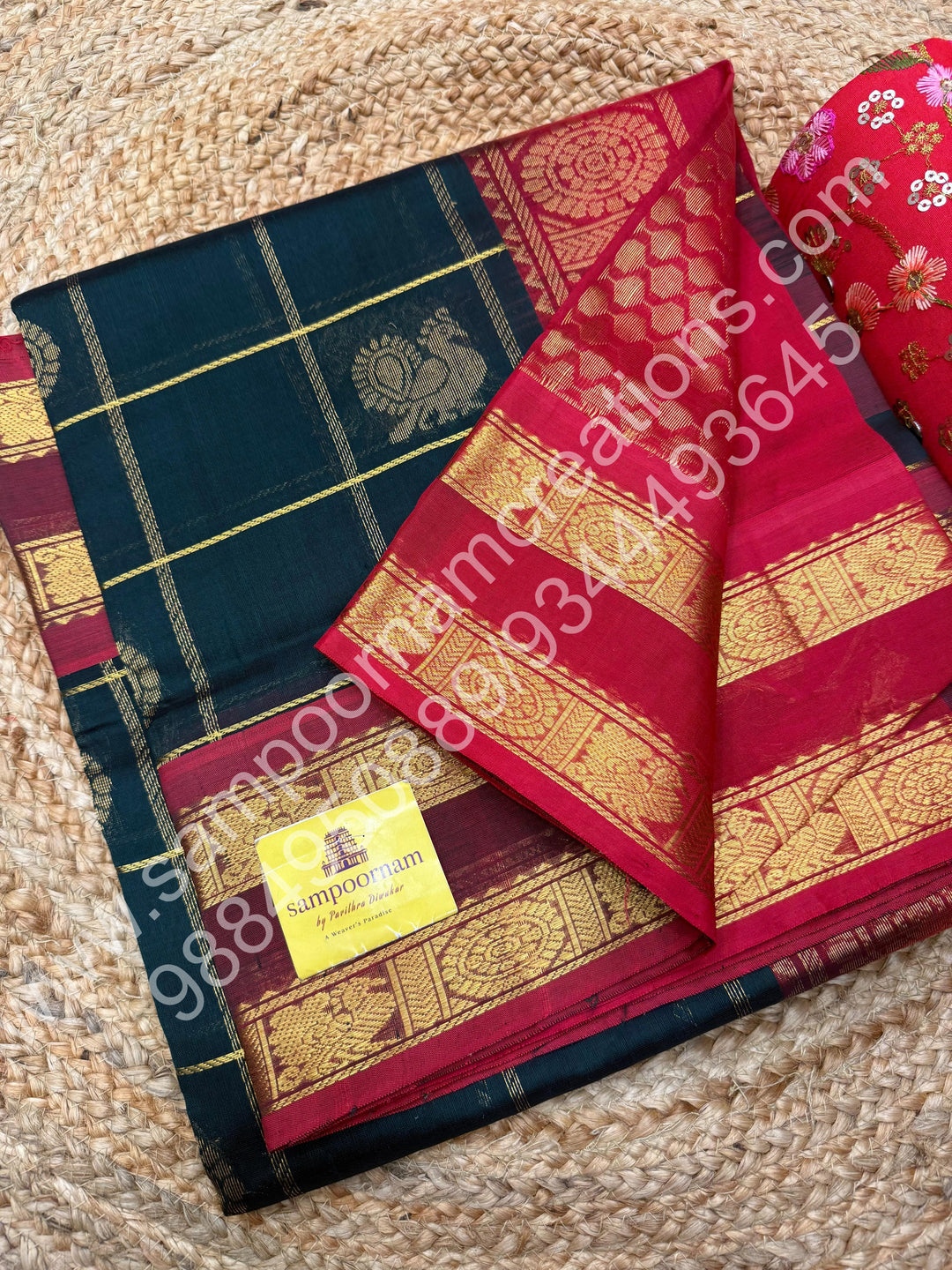 Bottle Green with Red  , Rich Mayil and Chakram butta in the body with Zari Checks , Traditional borders and Rich Pallu Pure Silk Cotton Saree