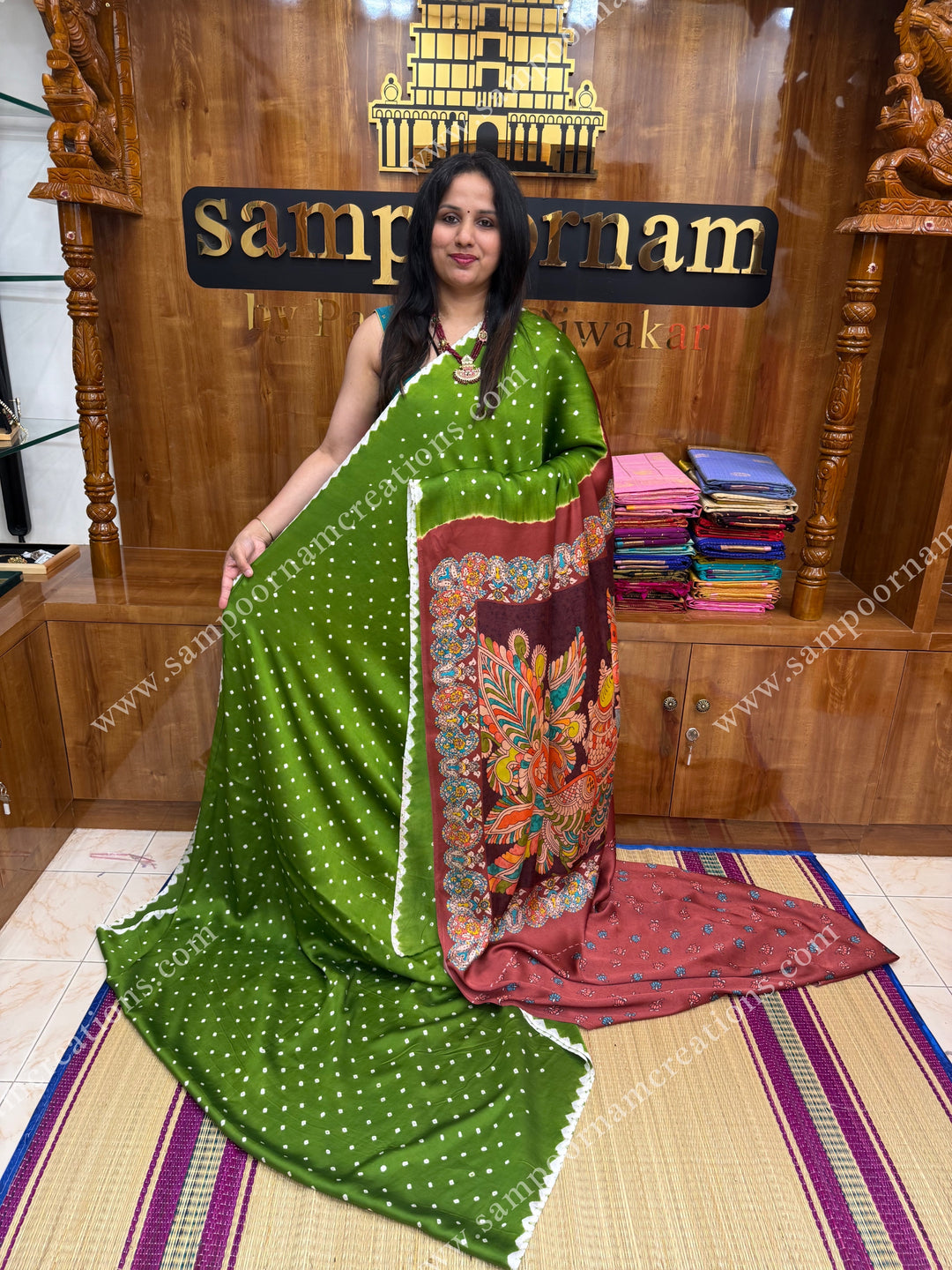 Green with Maroon  , Bandhini Prints in the body with beautiful Kalamkari Prints in the Pallu , Printed Blouse , Pure Modal Silk Saree