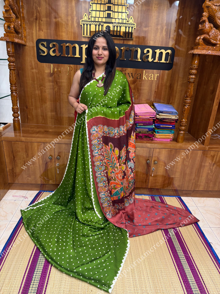Green with Maroon  , Bandhini Prints in the body with beautiful Kalamkari Prints in the Pallu , Printed Blouse , Pure Modal Silk Saree