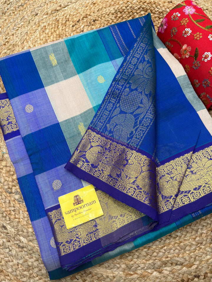 White , Green , Light Blue with Blue , Pallum Pazham Kattam with rich Zari Butta in the body , traditional borders and Rich Pallu Pure Silk Cotton Saree