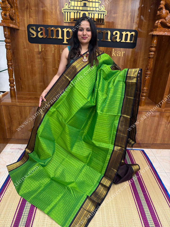 Kili Pachai with Brown , Rich Zari checks in the body and traditional borders ,  grand Pallu Korvai Silk Cotton Saree