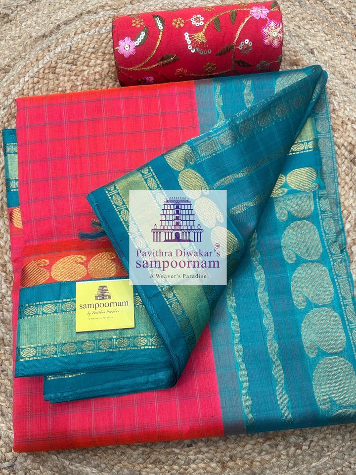 Reddish Pink with Turquoise Blue , body checks, traditional borders and rich pallu ,Ten Yards Korvai Silk Cotton Saree