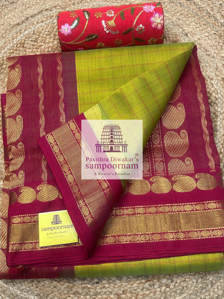 Green with Red , body checks, rettapet borders and rich pallu ,Ten Yards Korvai Silk Cotton Saree