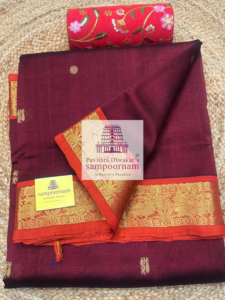 Araku with Orange , Zari butta in the body , traditional borders and grand Pallu , Ten Yards Silk Cotton Saree