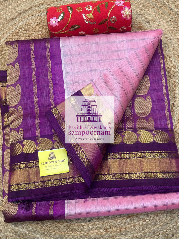 Onion Pink with Purple , body checks, traditional borders and rich pallu ,Ten Yards Korvai Silk Cotton Saree