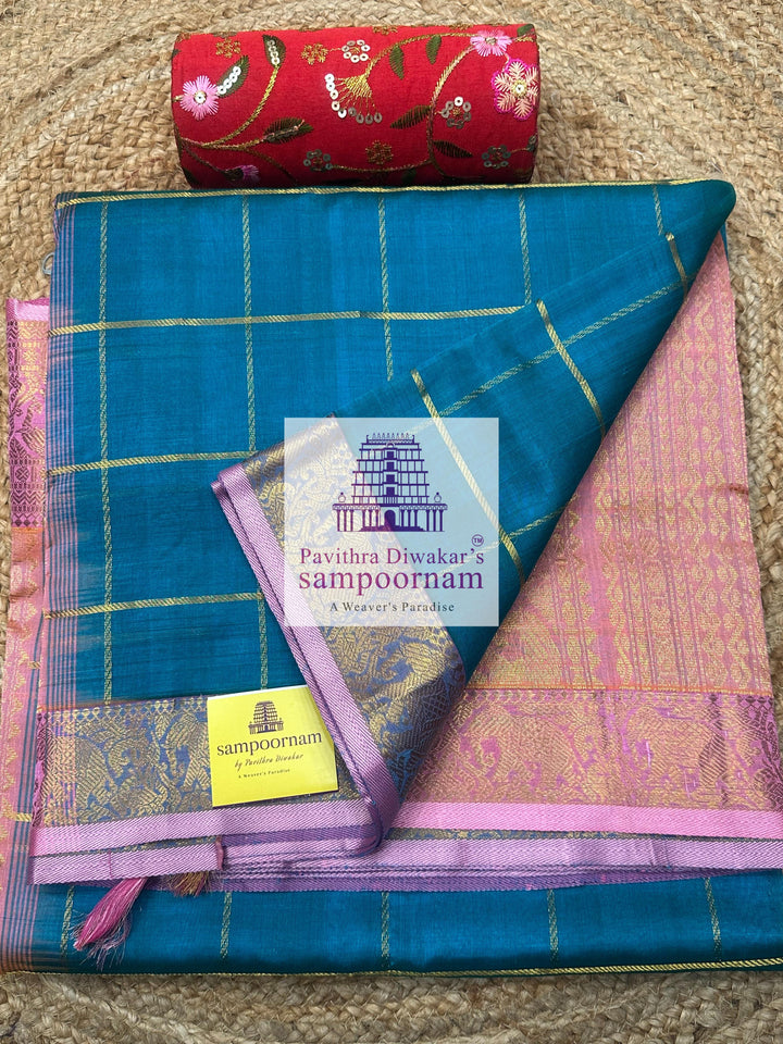 Turquoise Blue with Pink , Zari checks in the body , traditional borders and grand Pallu , Ten Yards Silk Cotton Saree