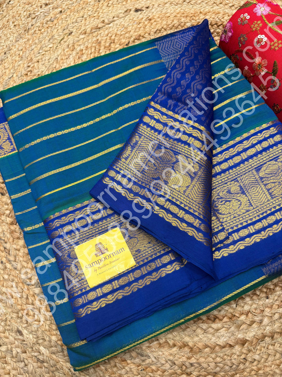 Double Shaded Teel Blue with Blue , Veldhari Zari Lines in the Body , Traditional Kanchi border , Rich Pallu , Pure Silk Cotton Saree