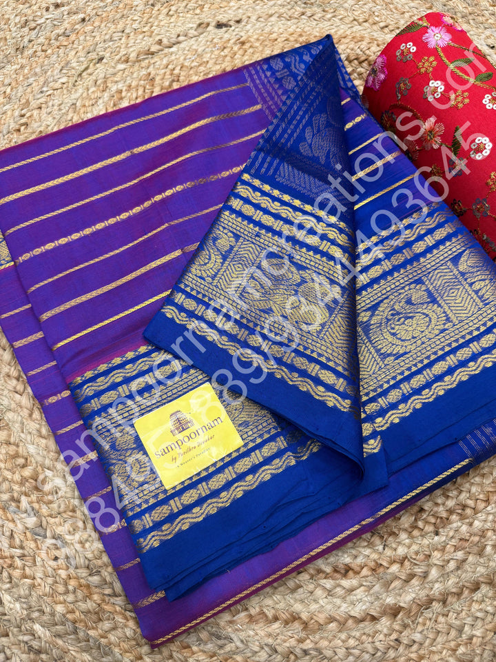Double Shaded Vadamalli with Blue , Veldhari Zari Lines in the Body , Traditional Kanchi border , Rich Pallu , Pure Silk Cotton Saree