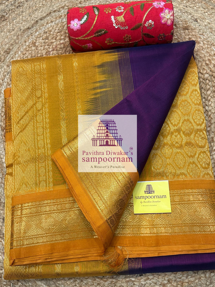 Dark Wine with Mustard Yellow ,  traditional borders and grand Pallu , Ten Yards Silk Cotton Saree