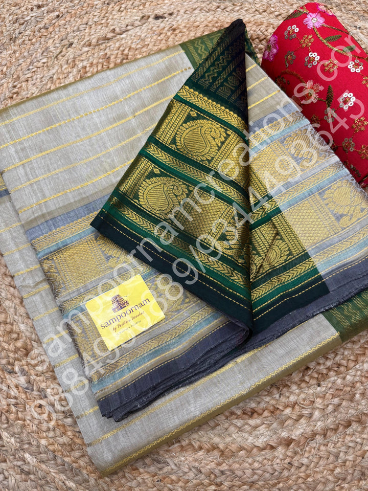 Beige  with Green , Veldhari Zari Lines in the Body , Traditional Kanchi border , Rich Pallu , Pure Silk Cotton Saree