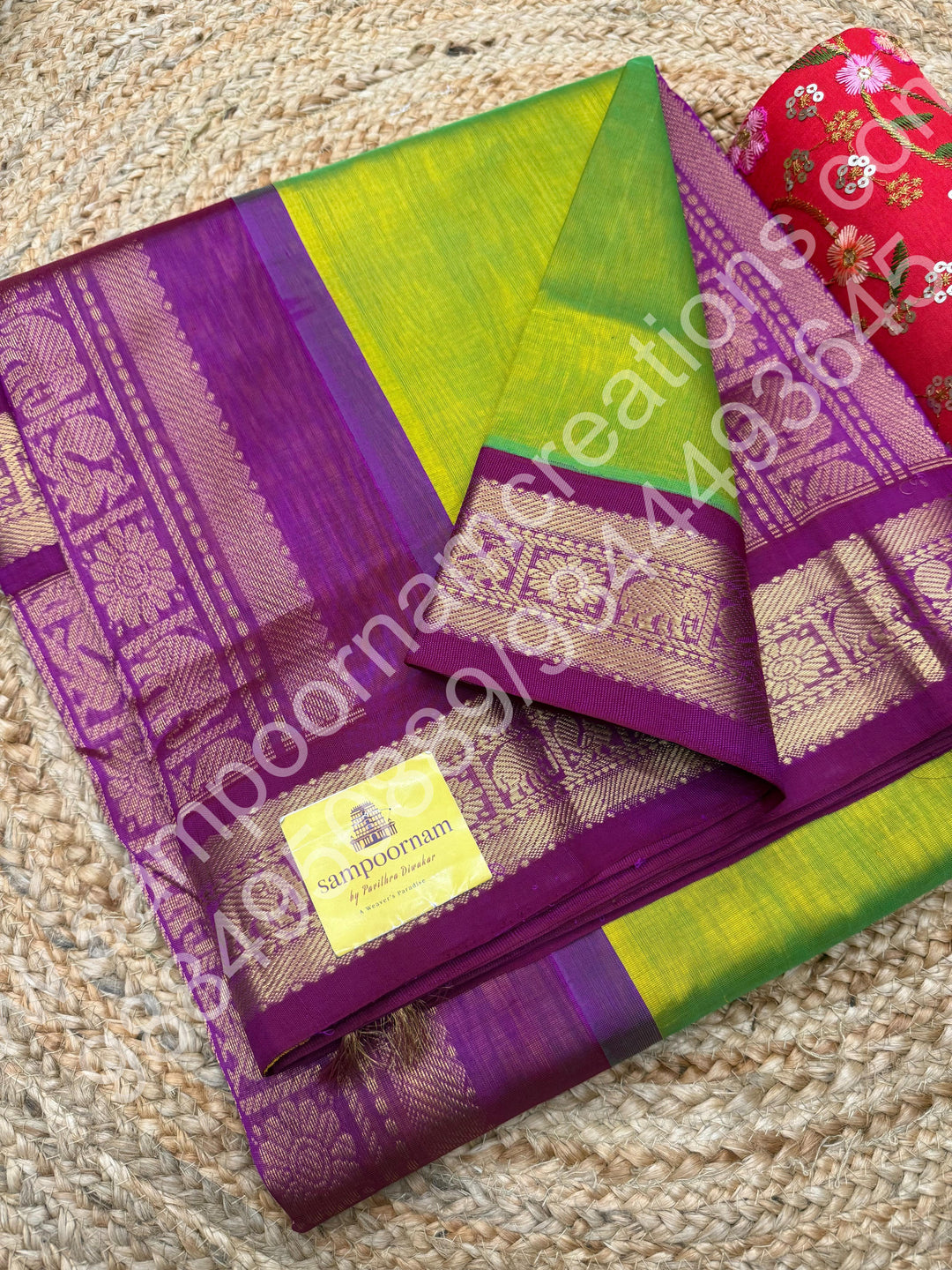 Parrot Green with Magenta   , Traditional border and Rich Pallu , 10 Yards  Pure Korvai Silk Cotton Saree