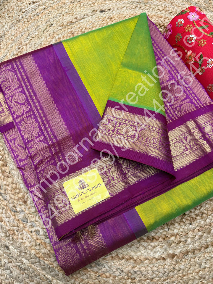 Parrot Green with Magenta   , Traditional border and Rich Pallu , 10 Yards  Pure Korvai Silk Cotton Saree