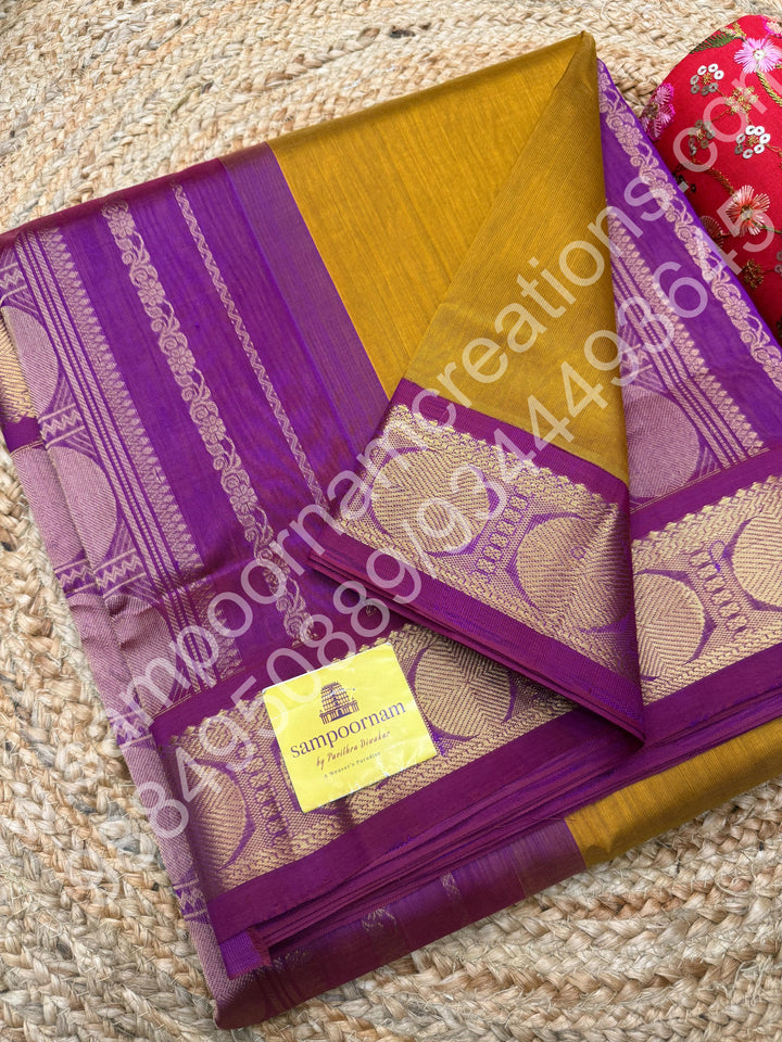 Dark Gold with Dark Magenta , Traditional border and Rich Pallu , 10 Yards  Pure Silk Cotton Saree