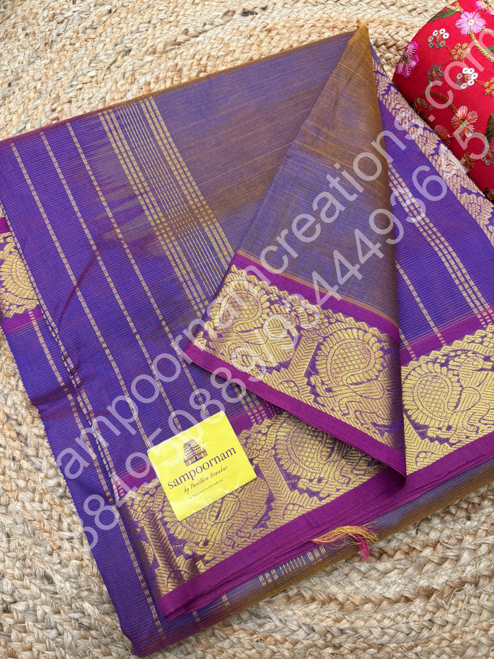 Lavender , Vairaoosi Zari Lines in the body  , Traditional border and Rich Pallu , 10 Yards  Pure Silk Cotton Saree