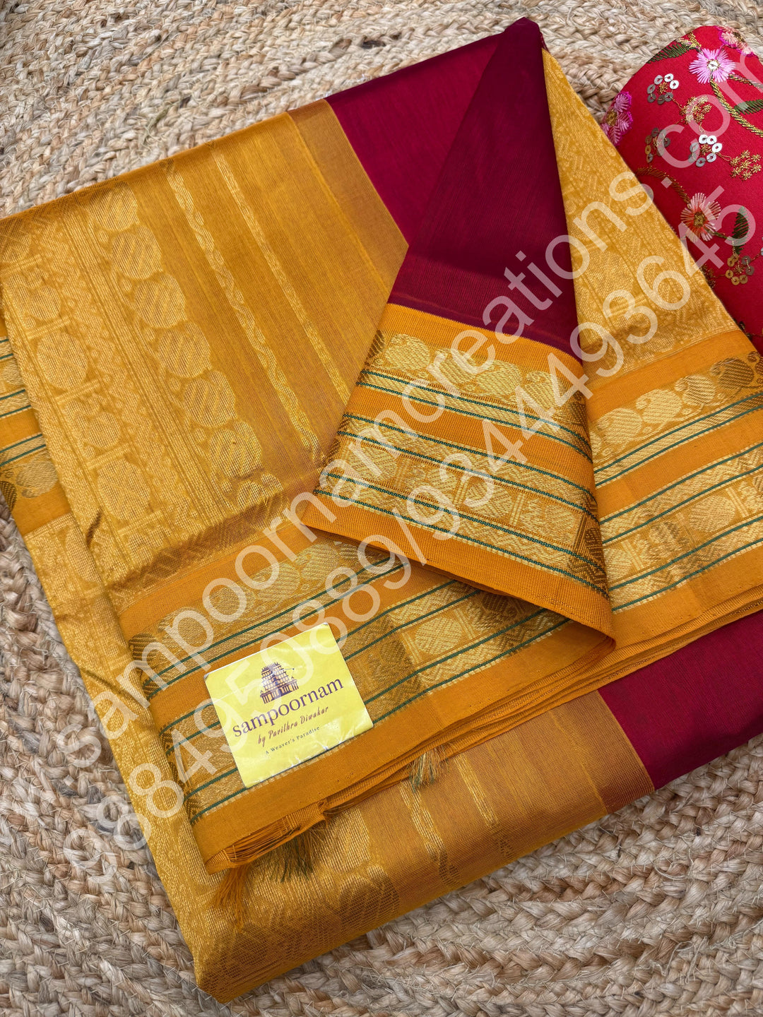 Dark Red with Mustard  , Traditional border and Rich Pallu , 10 Yards  Pure Korvai Silk Cotton Saree