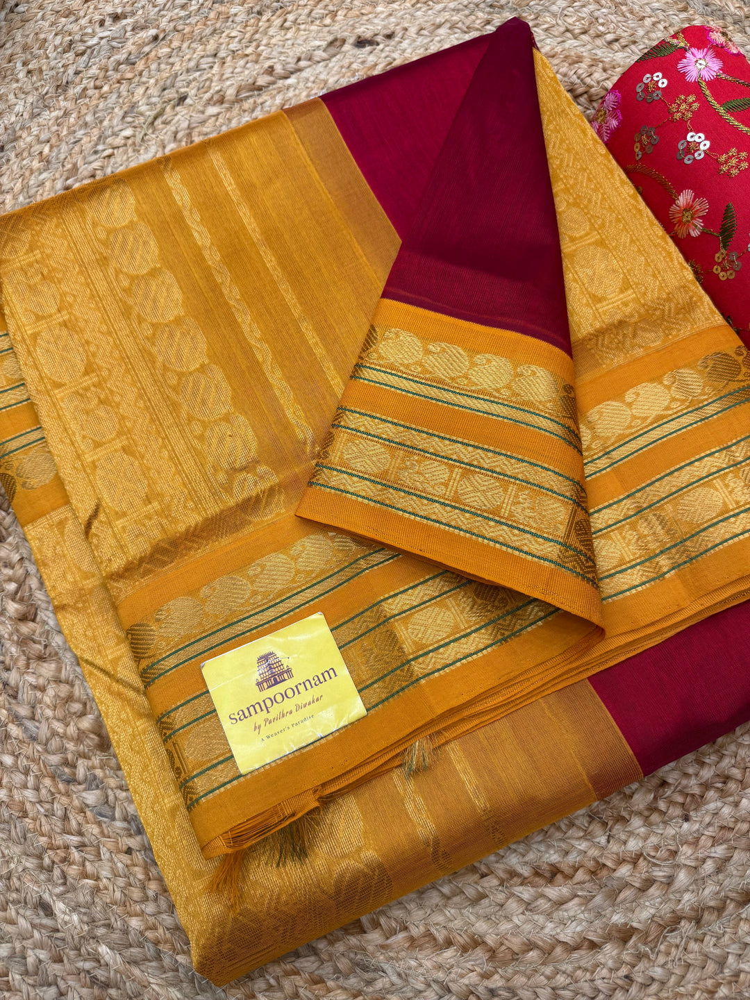 Red with Mustard  , Traditional border and Rich Pallu , 10 Yards  Pure Silk Cotton Saree