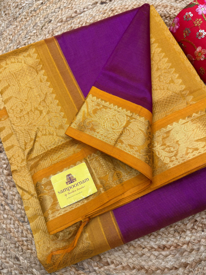 Purple with Mustard , Vairaoosi Zari Lines  in the body  , Traditional border and Rich Pallu , 10 Yards  Pure Silk Cotton Saree