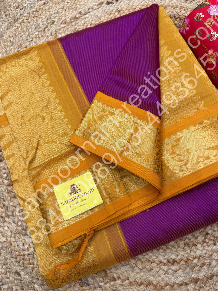 Vadamalli with Mustard , Vairaoosi Zari Lines  in the body  , Traditional border and Rich Pallu , 10 Yards  Pure Silk Cotton Saree