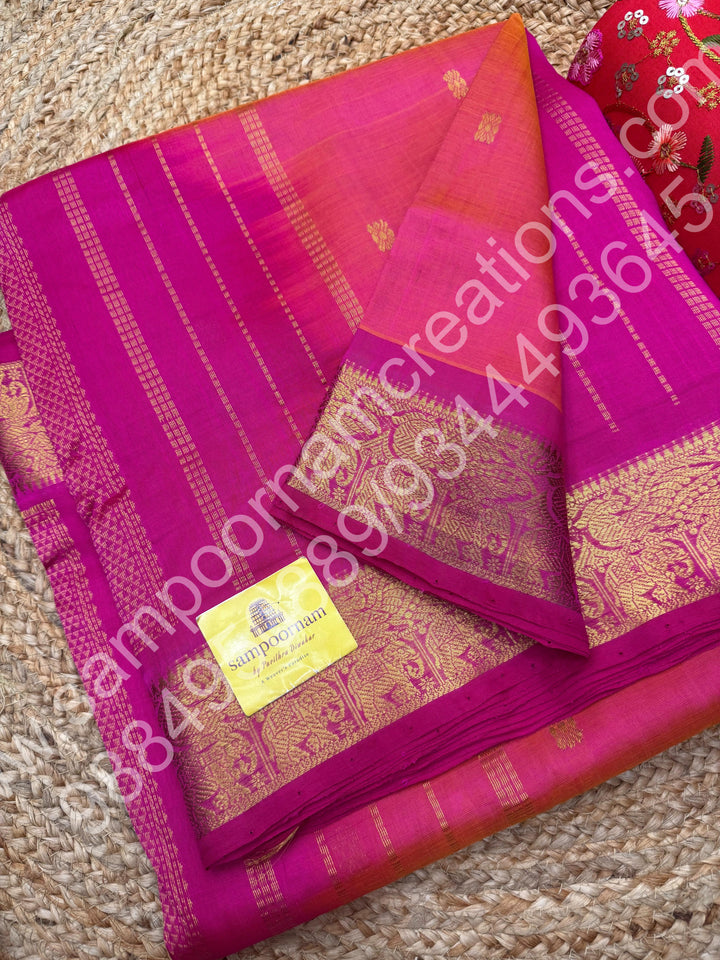 Lotus Pink with Dark Pink , Zari  Butta in the body  , Traditional border and Rich Pallu , 10 Yards  Pure Silk Cotton Saree