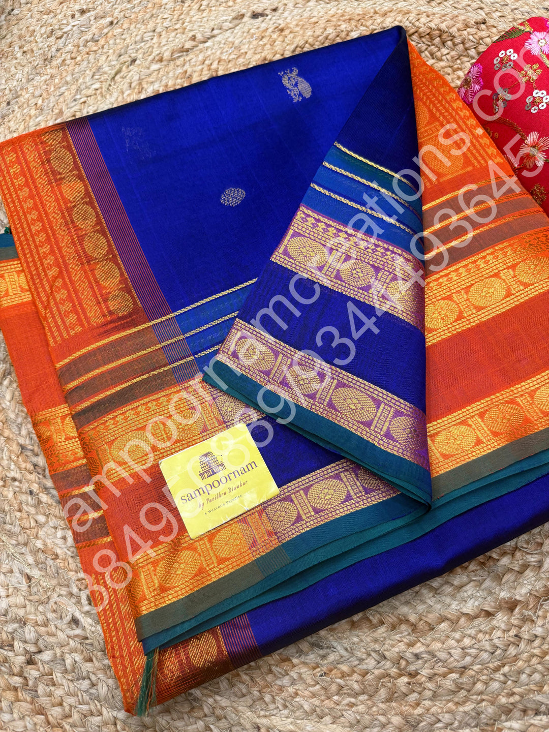 MS Blue with Orange , Annam & Rudhraksh  Butta in the body  , Rettapet  border and Rich Pallu , 10 Yards  Pure Silk Cotton Saree