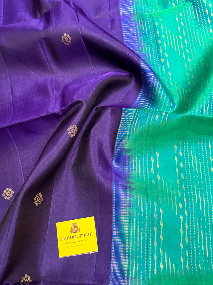 Dark Blue With Turquoise Blue , rich annam butta in the lower border and small zari buttas in the body, rich Pallu Pure Soft Silk Saree