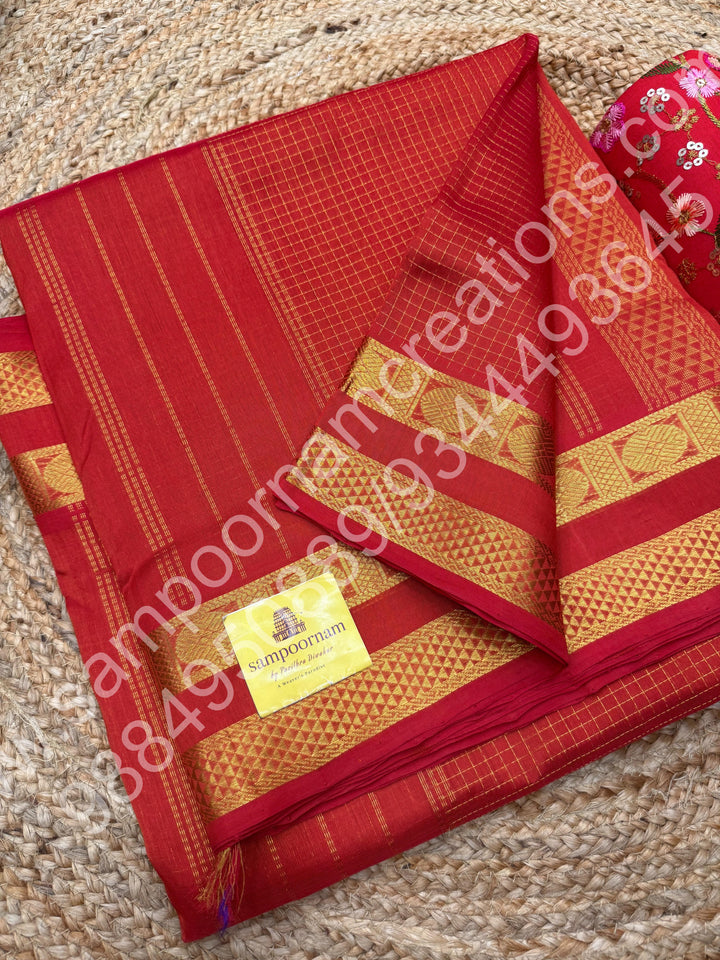 Rust Orange , Zari checks  in the body  , Rettapet  border and Rich Pallu , 10 Yards  Pure Silk Cotton Saree