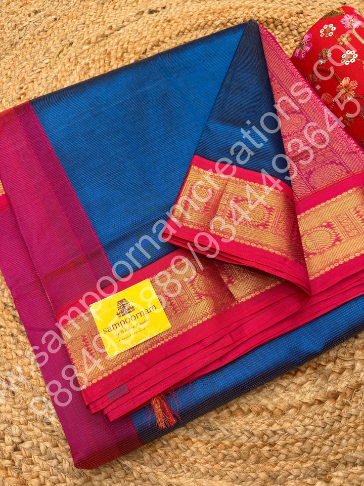 Cobalt Blue with Pink , Vairaoosi Zari Lines  in the body  , Traditional border and Rich Pallu , 10 Yards Korvai Pure Silk Cotton Saree