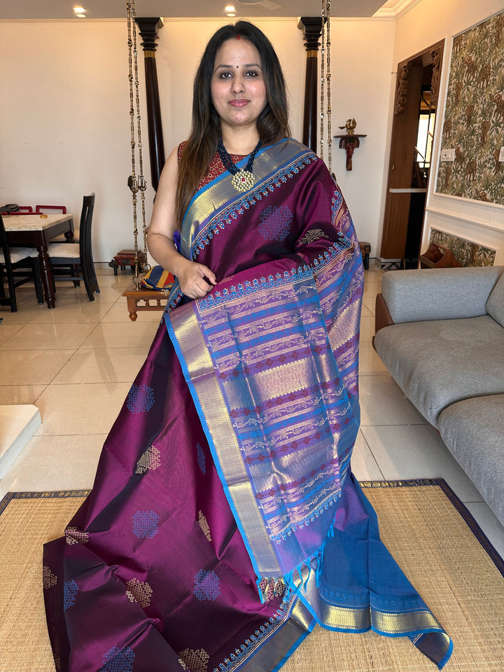 Plum Colour with Blue Kolam Handblock Printed Silk Cotton Saree