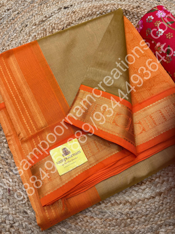 Beige with Orange , Vairaoosi Zari Lines  in the body  , Traditional border and Rich Pallu , 10 Yards  Pure Silk Cotton Saree