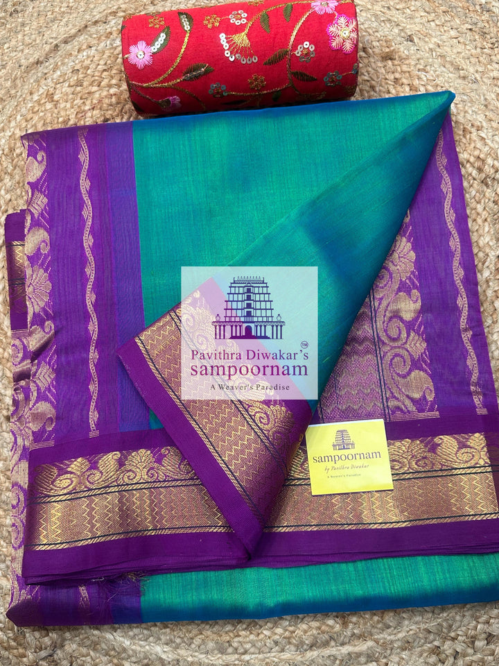 Ramar Blue with Purple  ,traditional borders and rich pallu ,Ten Yards Korvai Silk Cotton Saree