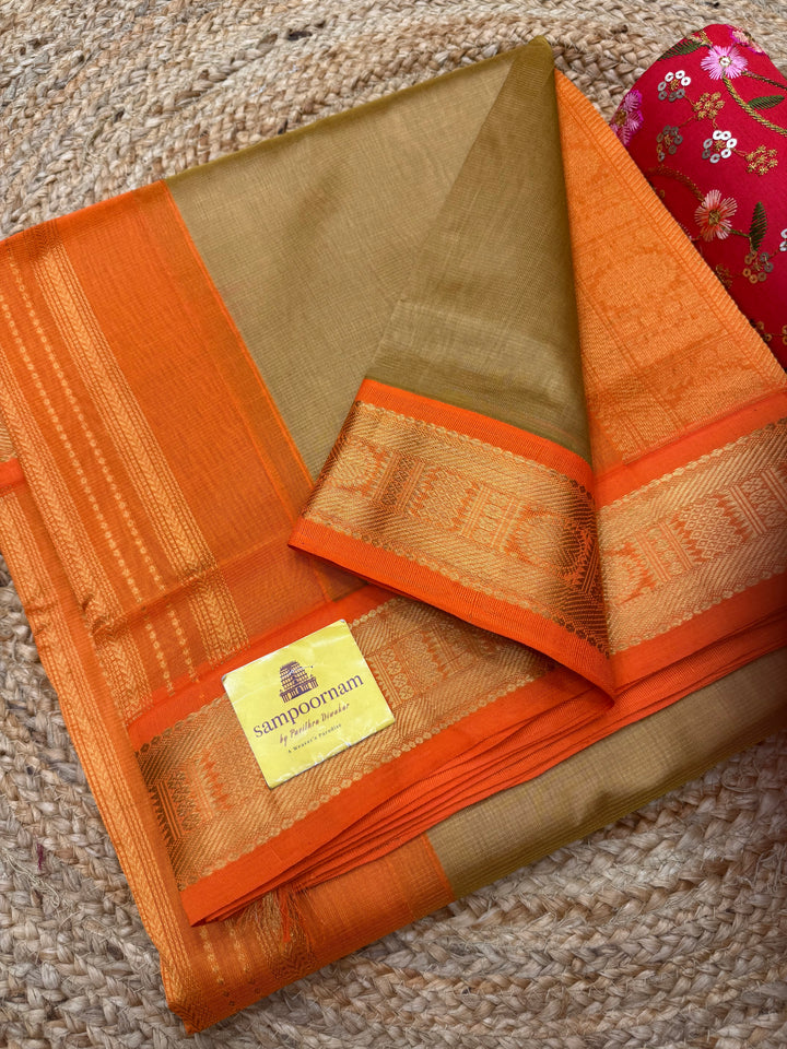 Gold with Orange , Vairaoosi Zari Lines  in the body  , Traditional border and Rich Pallu , 10 Yards  Pure Silk Cotton Saree