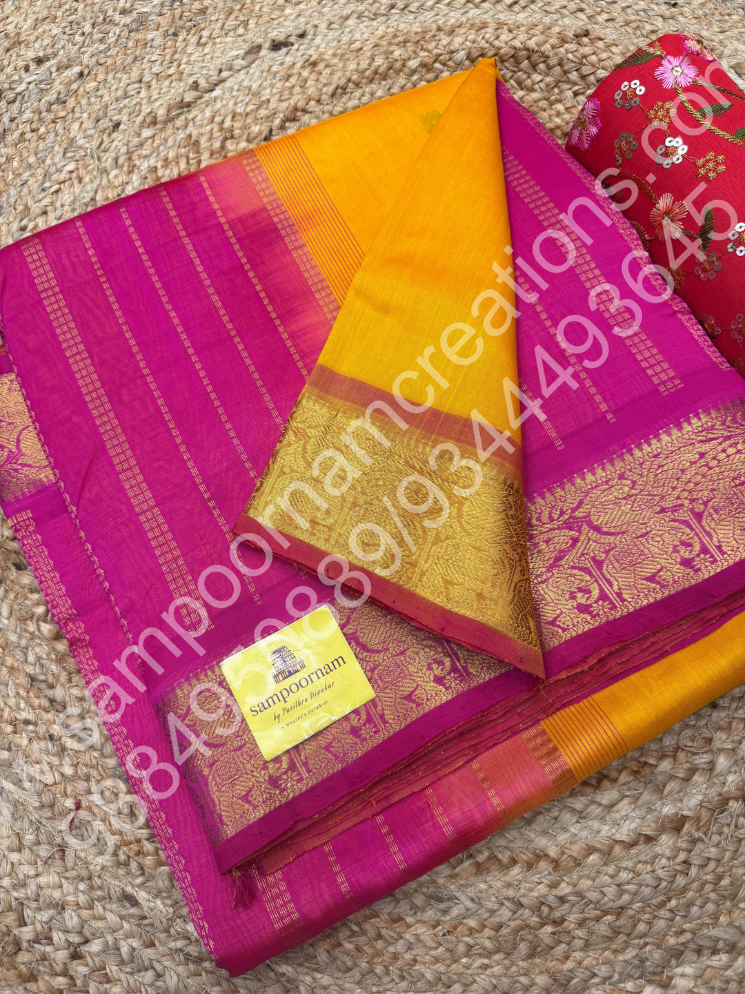 Yellow with Pink , Thread Butta in the body  , Traditional border and Rich Pallu , 10 Yards  Pure Silk Cotton Saree