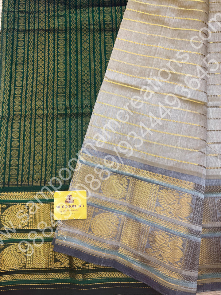 Beige  with Green , Veldhari Zari Lines in the Body , Traditional Kanchi border , Rich Pallu , Pure Silk Cotton Saree