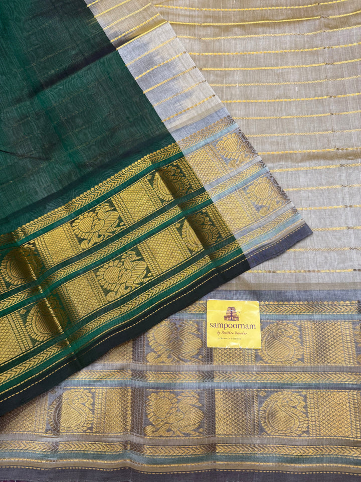 Cream with Green , Veldhari Zari Lines in the Body , Traditional Kanchi border , Rich Pallu , Pure Silk Cotton Saree